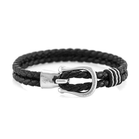 Кожаный браслет чёрного цвета с серебристым крючком — № 10093