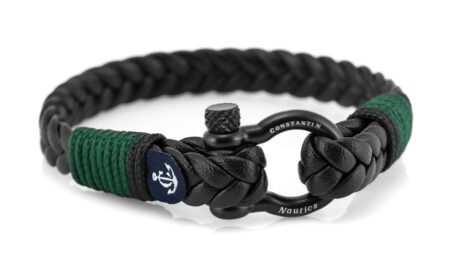 Кожаный стильный мужской чёрно-зелёный браслет — Jack Tar 10096