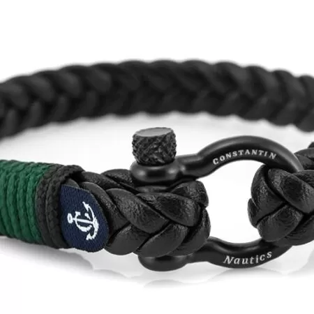 Кожаный стильный мужской чёрно-зелёный браслет — Jack Tar 10096